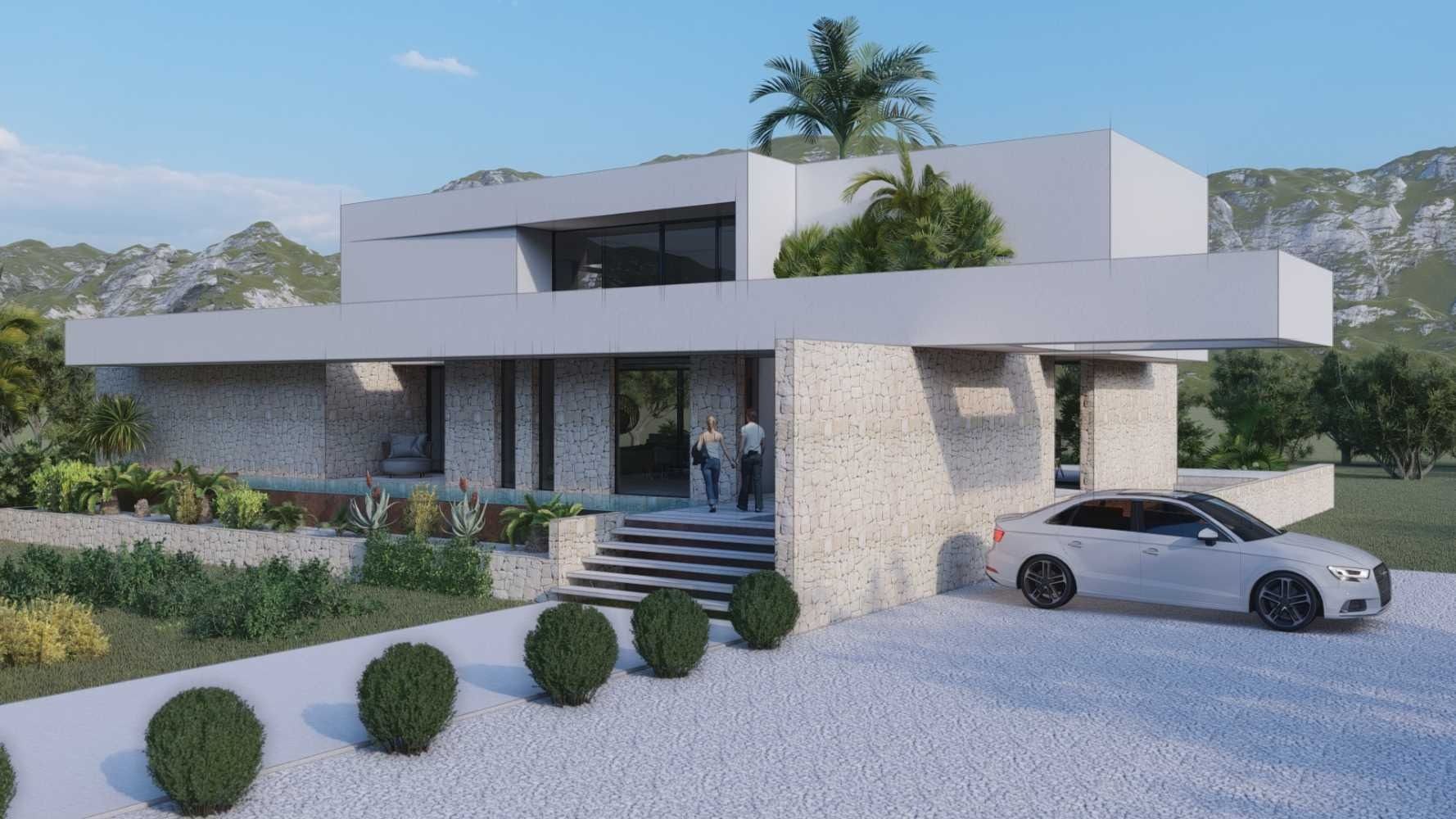 Un coche blanco está aparcado delante de una casa moderna.