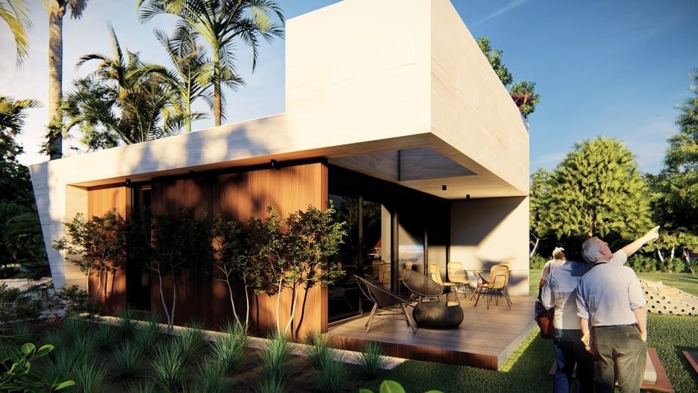 Un grupo de personas está de pie frente a una casa moderna.