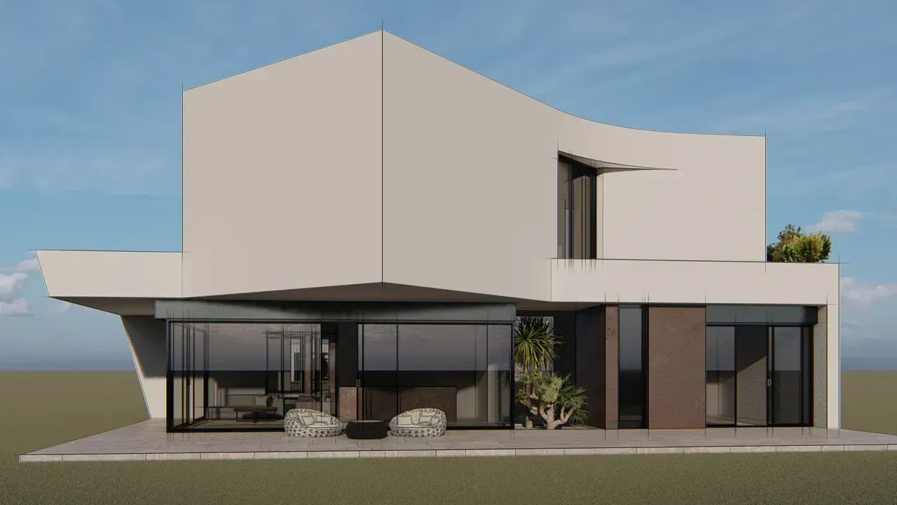 Un modelo 3D de una casa moderna con muchas ventanas.