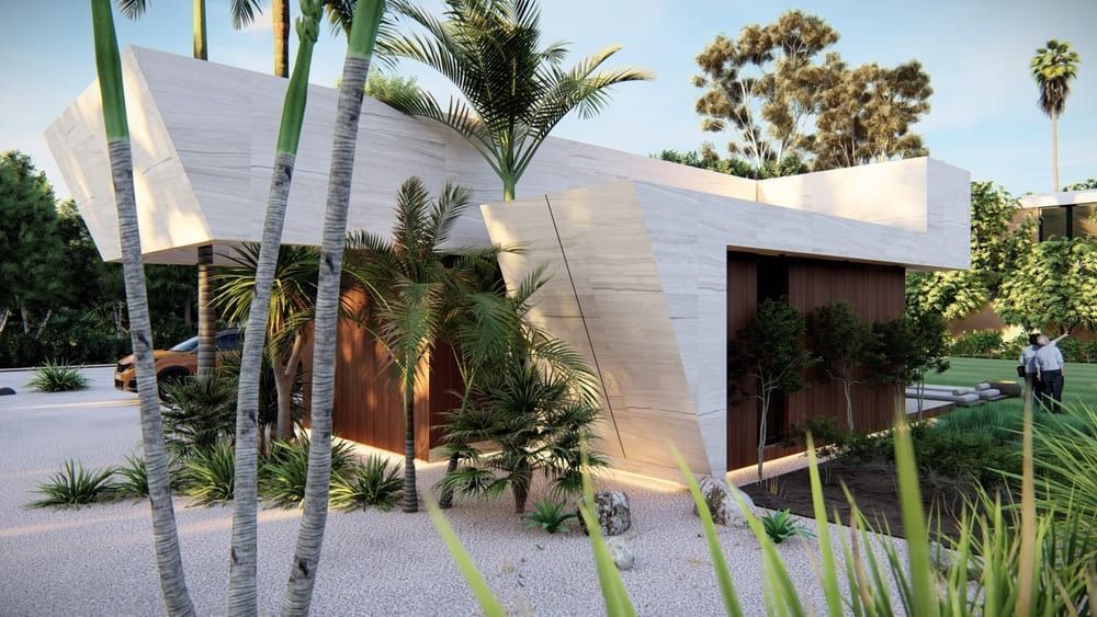 Una representación 3D de una casa moderna con palmeras frente a ella.