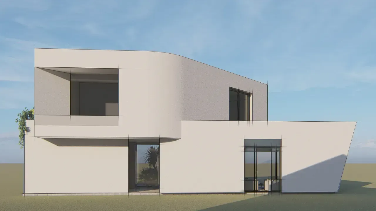 Impresión artística de una casa moderna con balcón.