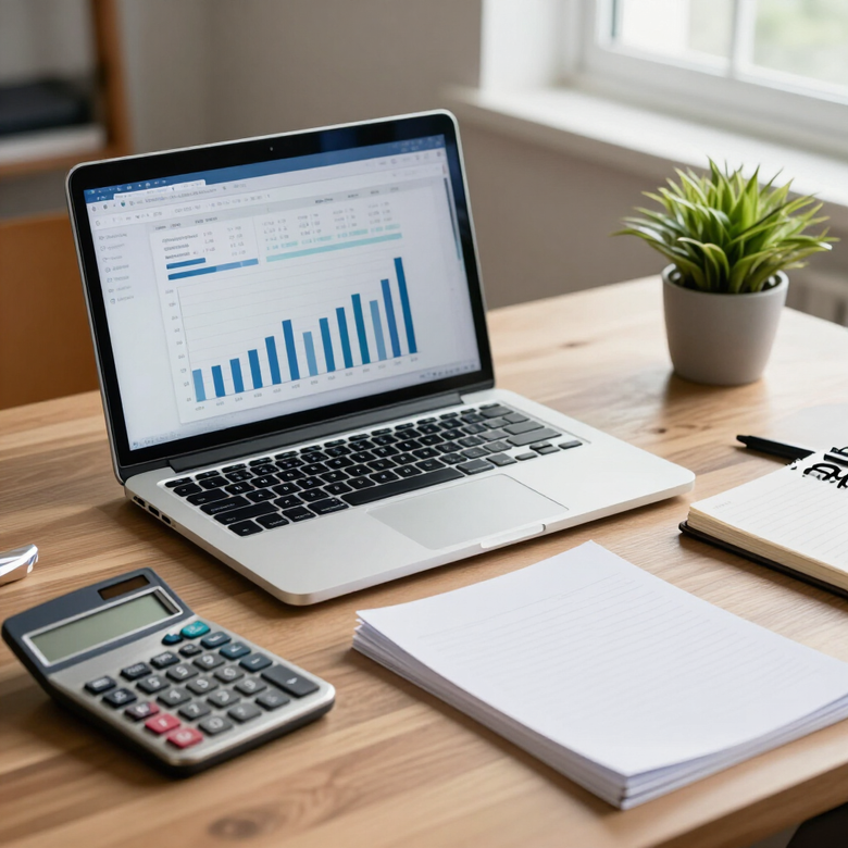 Un portátil muestra un gráfico de barras junto a una calculadora, un cuaderno y una planta sobre un escritorio de madera