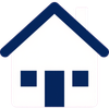 Icono de una casa azul con tejado, ventanas y puerta sobre un fondo blanco
