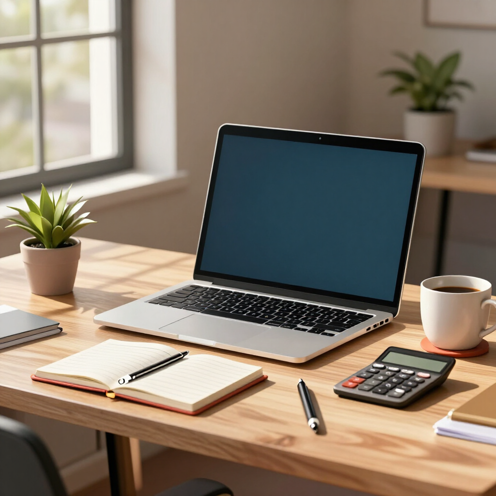 Escritorio de oficina en casa con un portátil abierto