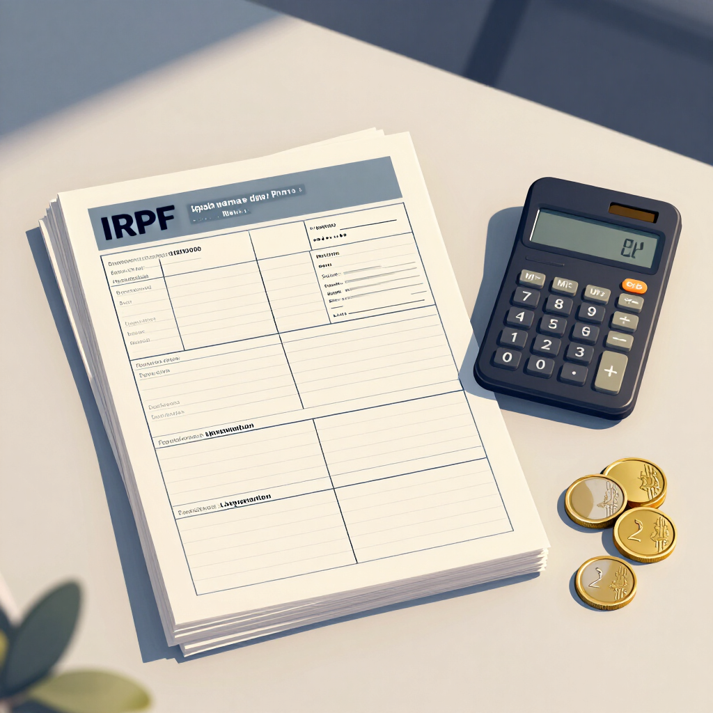 Formulario del IRPF junto a una calculadora y unas monedas sobre un escritorio