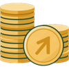 Monedas de oro apiladas con una moneda con una flecha hacia arriba delante, símbolo de crecimiento o ganancias
