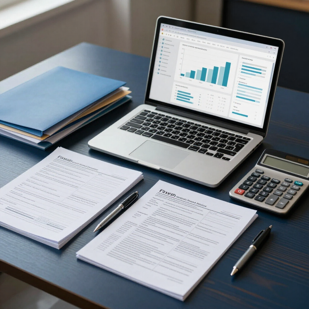 Escritorio de oficina con un portátil mostrando gráficos, cuadernos, una calculadora y un bolígrafo