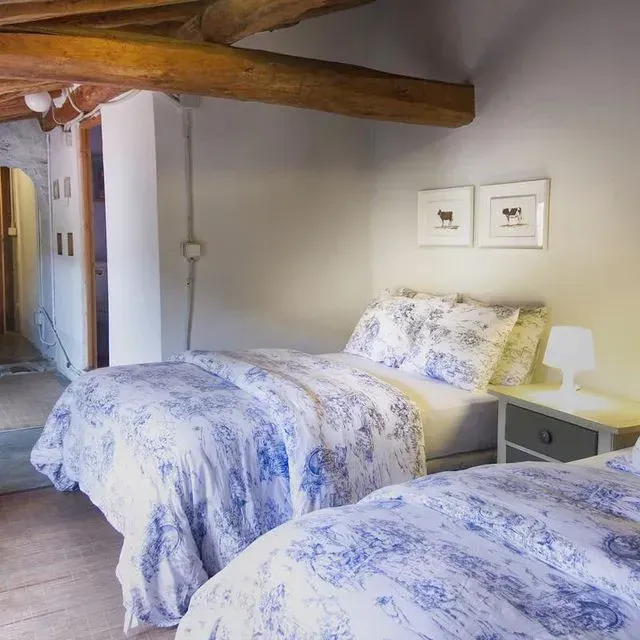 Dos camas individuales con ropa de cama con motivos florales azules en un dormitorio rústico con vigas de madera.