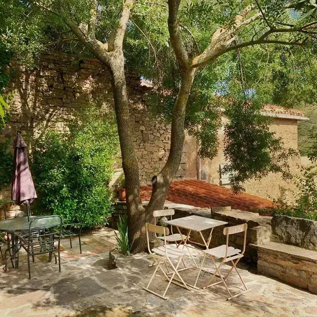 Patio exterior con mesas y sillas bajo un árbol frente a edificios de piedra.