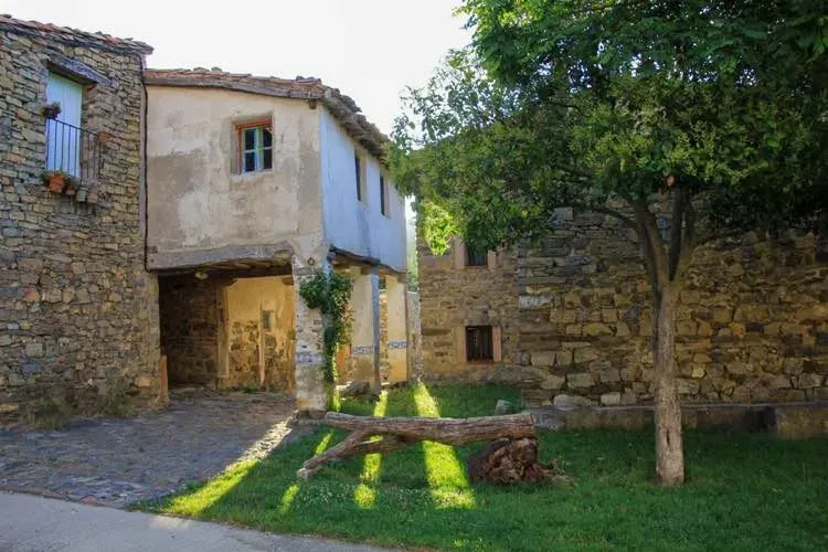 Un edificio de piedra con un árbol delante.
