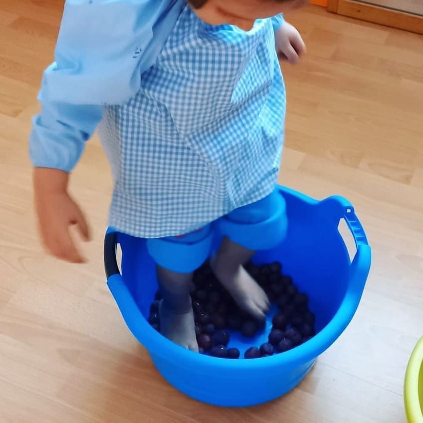 Un niño está de pie en un recipiente azul lleno de uvas.