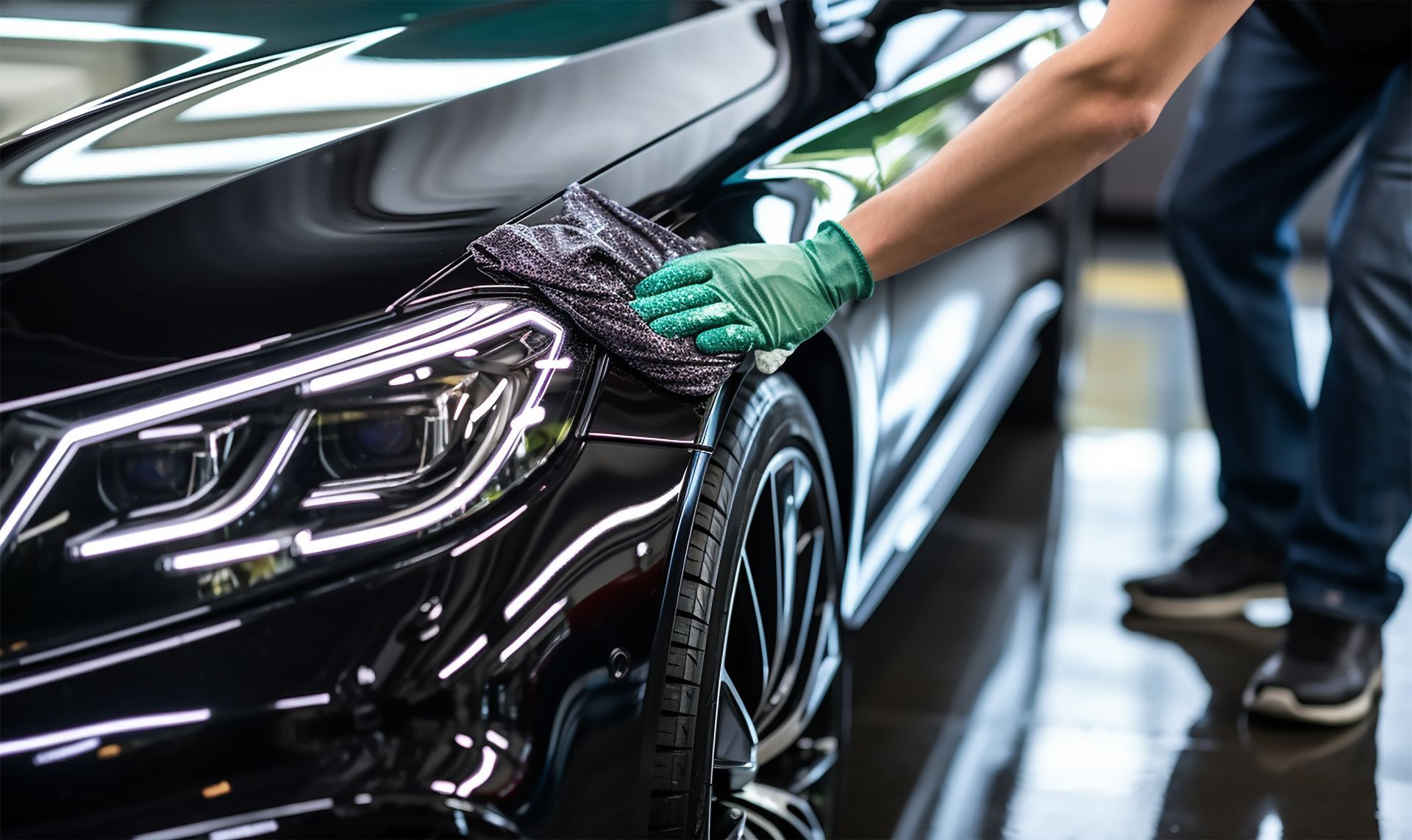 Dans un garage, une personne portant un gant vert essuie et polit le capot d'une élégante voiture noire.