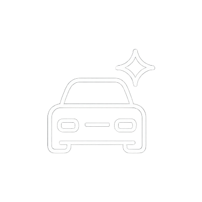 Vue de face d'une voiture, contour dessiné, avec une icône scintillante au-dessus, sur fond blanc.