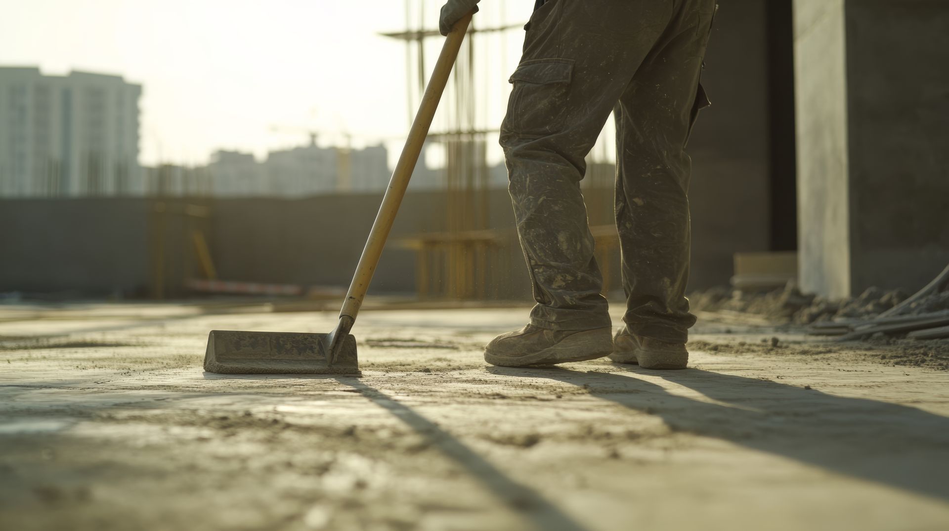 Un ouvrier du bâtiment balaie un sol en béton poussiéreux sur un chantier au coucher du soleil.