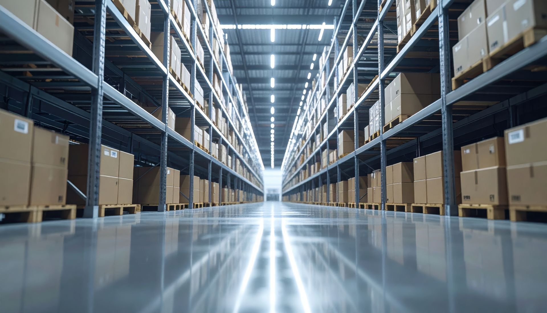 Vue en perspective d'une large allée d'un entrepôt lustrée, bordée de hautes étagères remplies de cartons.
