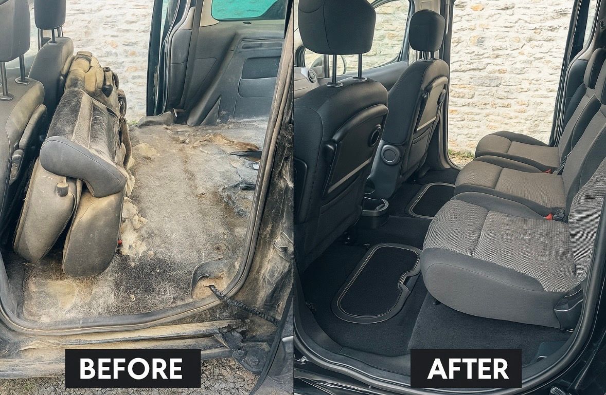 Intérieur de la voiture avant et après nettoyage, montrant un siège très sale à côté d'un siège noir propre.