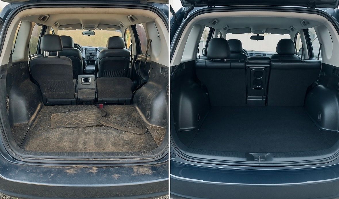 Comparaison du coffre côte à côte avant et après nettoyage, montrant l'espace du coffre sale et propre.