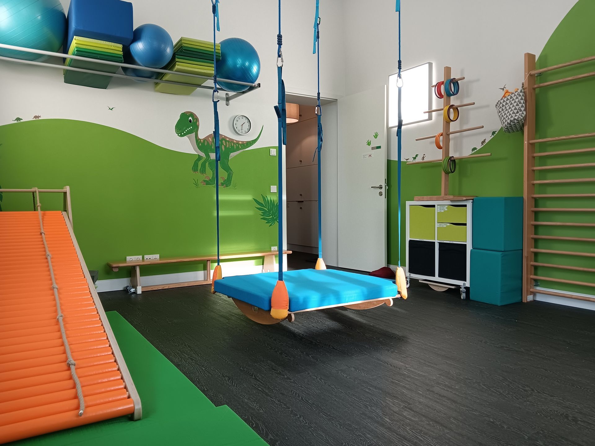 Therapieraum mit Schaukel, Rutsche, grüner Wandmalerei und Fitnessgeräten.