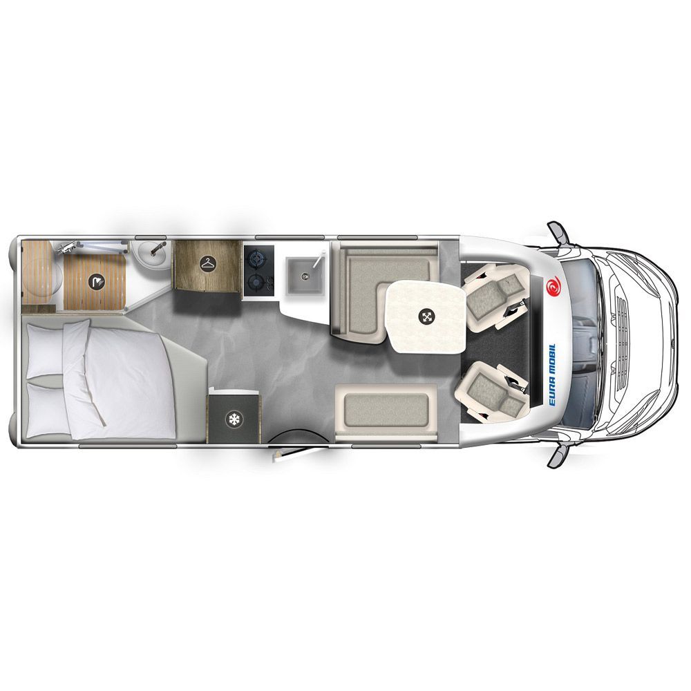 Ein Grundriss eines Wohnmobils mit Bett, Tisch, Stühlen und Küche.