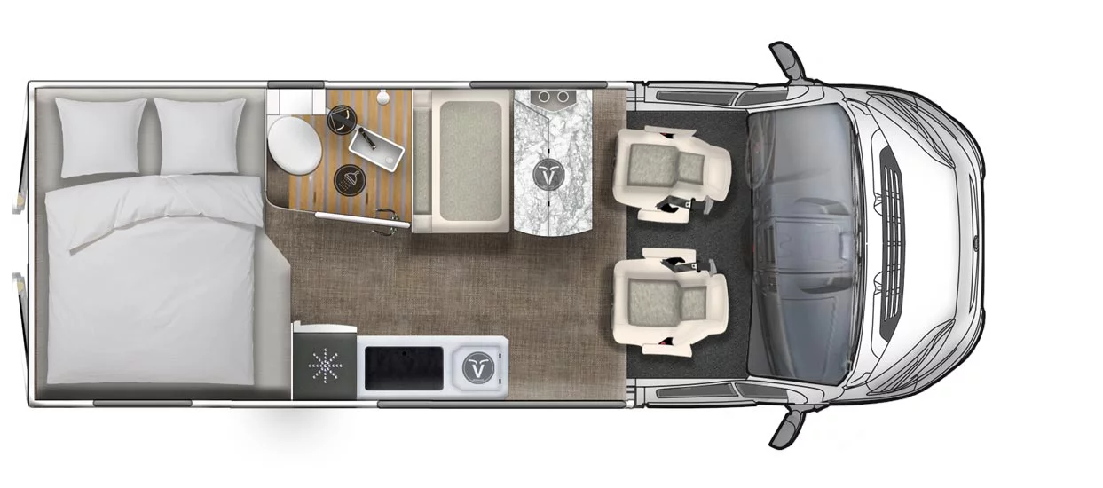 Eine Luftaufnahme eines Lieferwagens mit Bett, Stühlen und Küche.