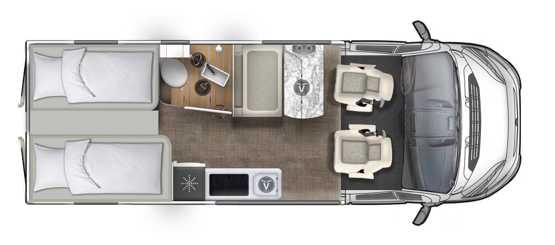 Ein Grundriss eines Wohnmobils mit zwei Betten, einem Waschbecken und einer Toilette.