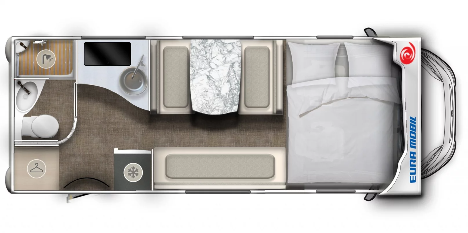 Eine Luftaufnahme eines Wohnmobils mit Bett und Badezimmer.