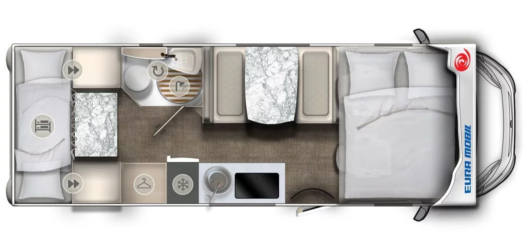 Eine Luftaufnahme eines Wohnmobils mit Bett und Küche.