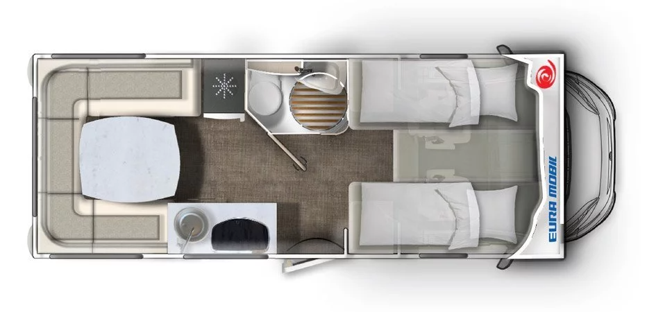 Eine Luftaufnahme eines Wohnmobils mit zwei Betten und einem Tisch