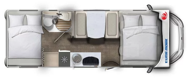 Eine Luftaufnahme eines Wohnmobils mit zwei Betten und einem Tisch.