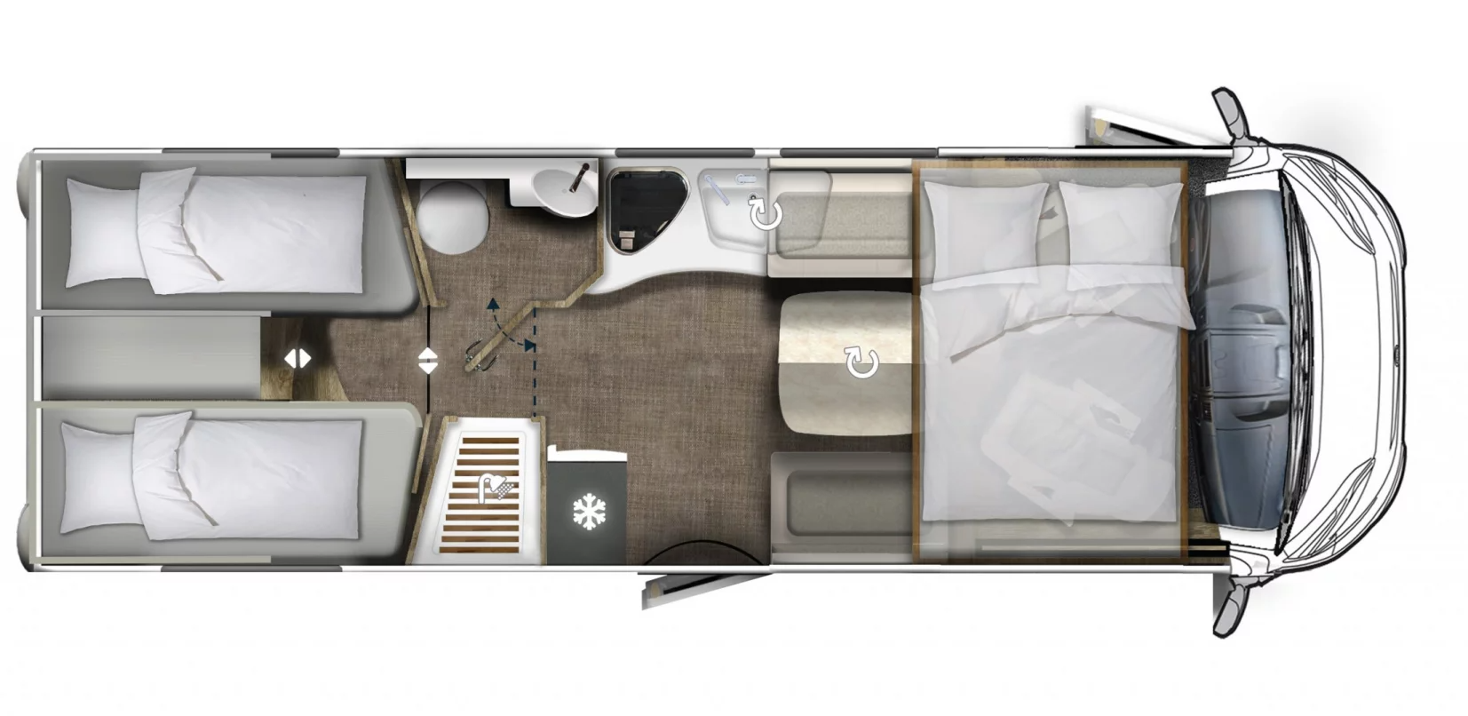 Ein Grundriss eines Wohnmobils mit zwei Betten und einem Badezimmer.