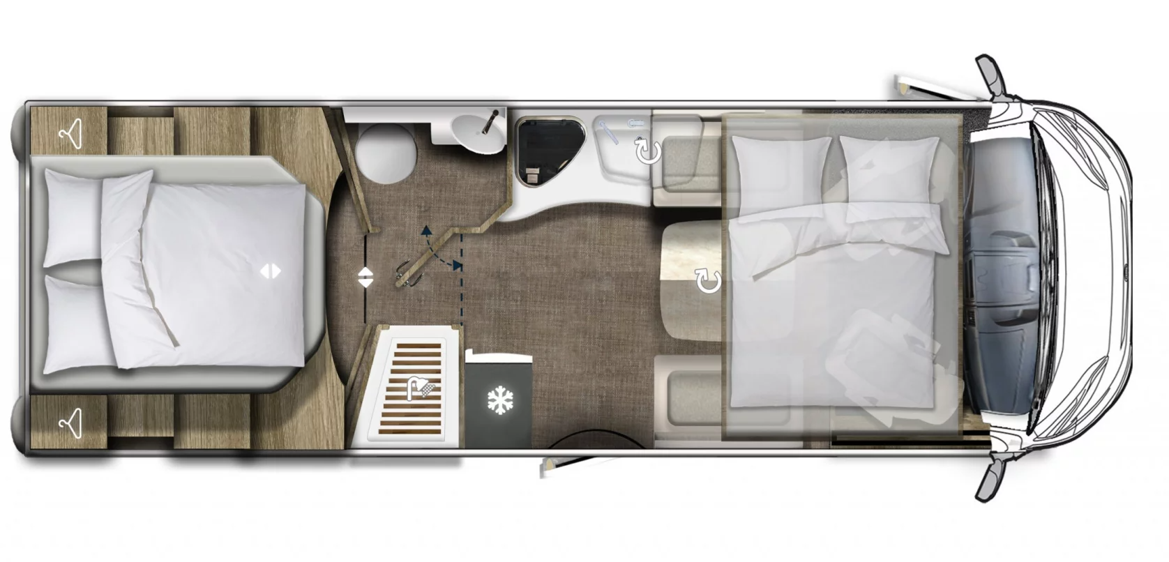 Ein Grundriss eines Wohnmobils mit zwei Betten und einem Badezimmer.