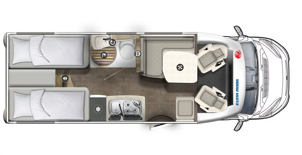 Ein Grundriss eines Wohnmobils mit zwei Betten, einem Tisch, Stühlen und einer Spüle.