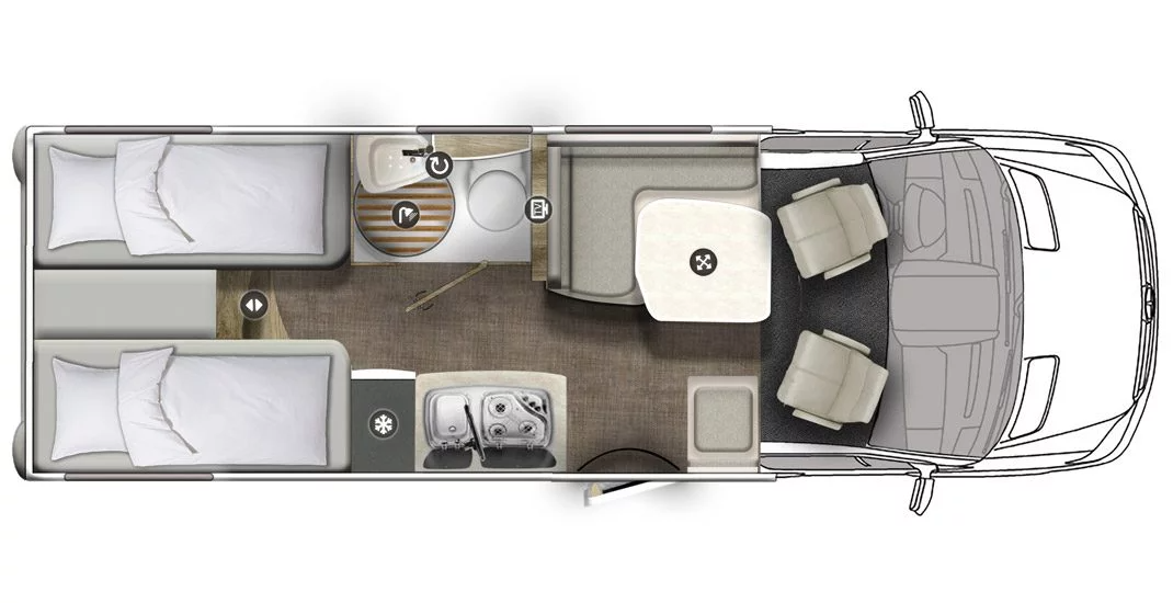Ein Grundriss eines Wohnmobils mit zwei Betten, einem Tisch und Stühlen.