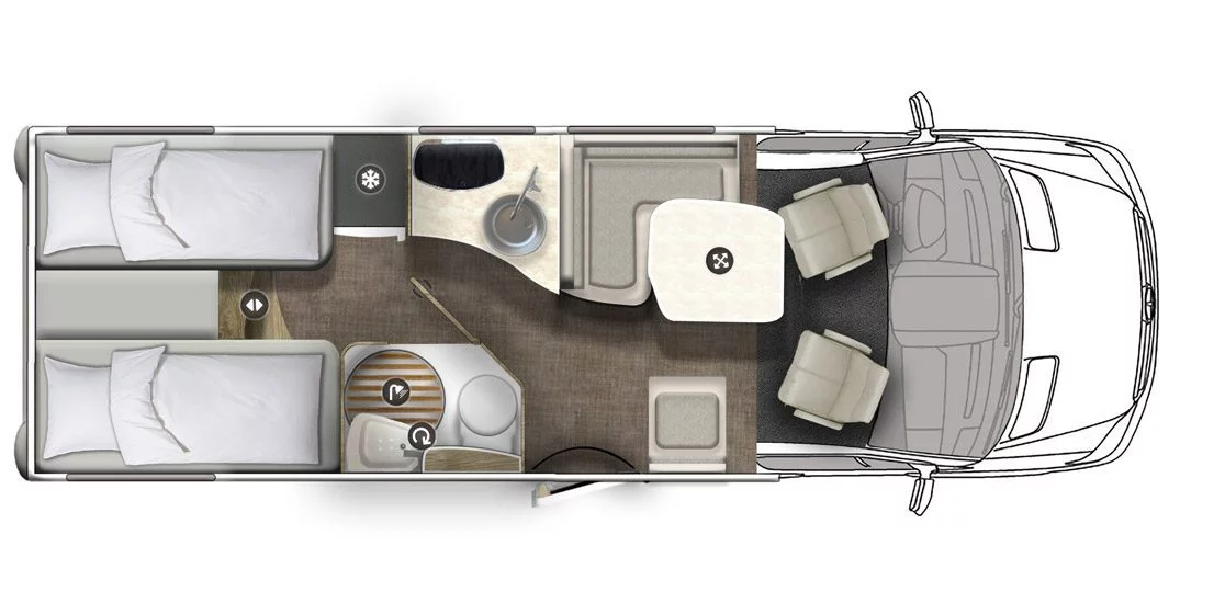 Ein Grundriss eines Wohnmobils mit zwei Betten, einem Tisch und Stühlen.