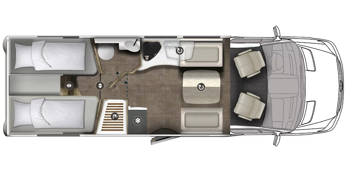 Ein Grundriss eines Wohnmobils mit zwei Betten, einem Tisch, Stühlen und einer Spüle.