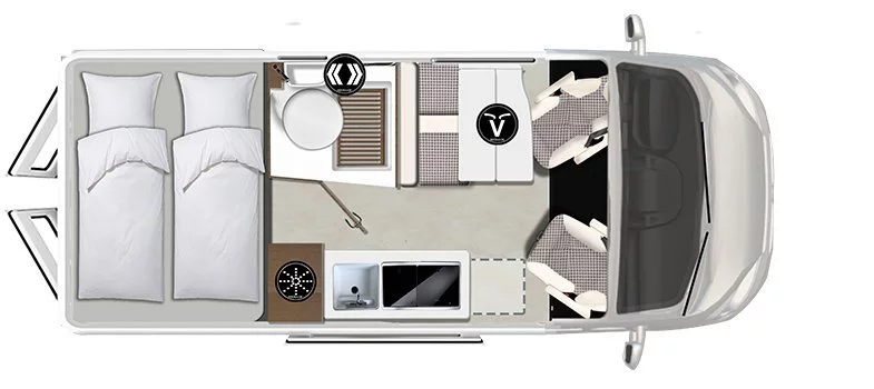 Eine Luftaufnahme eines Lieferwagens mit Bett und Küche.