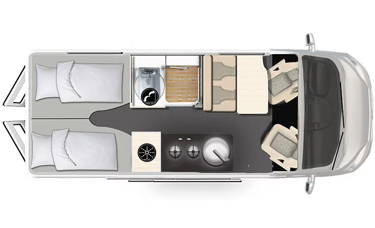 Eine Luftaufnahme eines Lieferwagens mit zwei Betten und einer Küche.