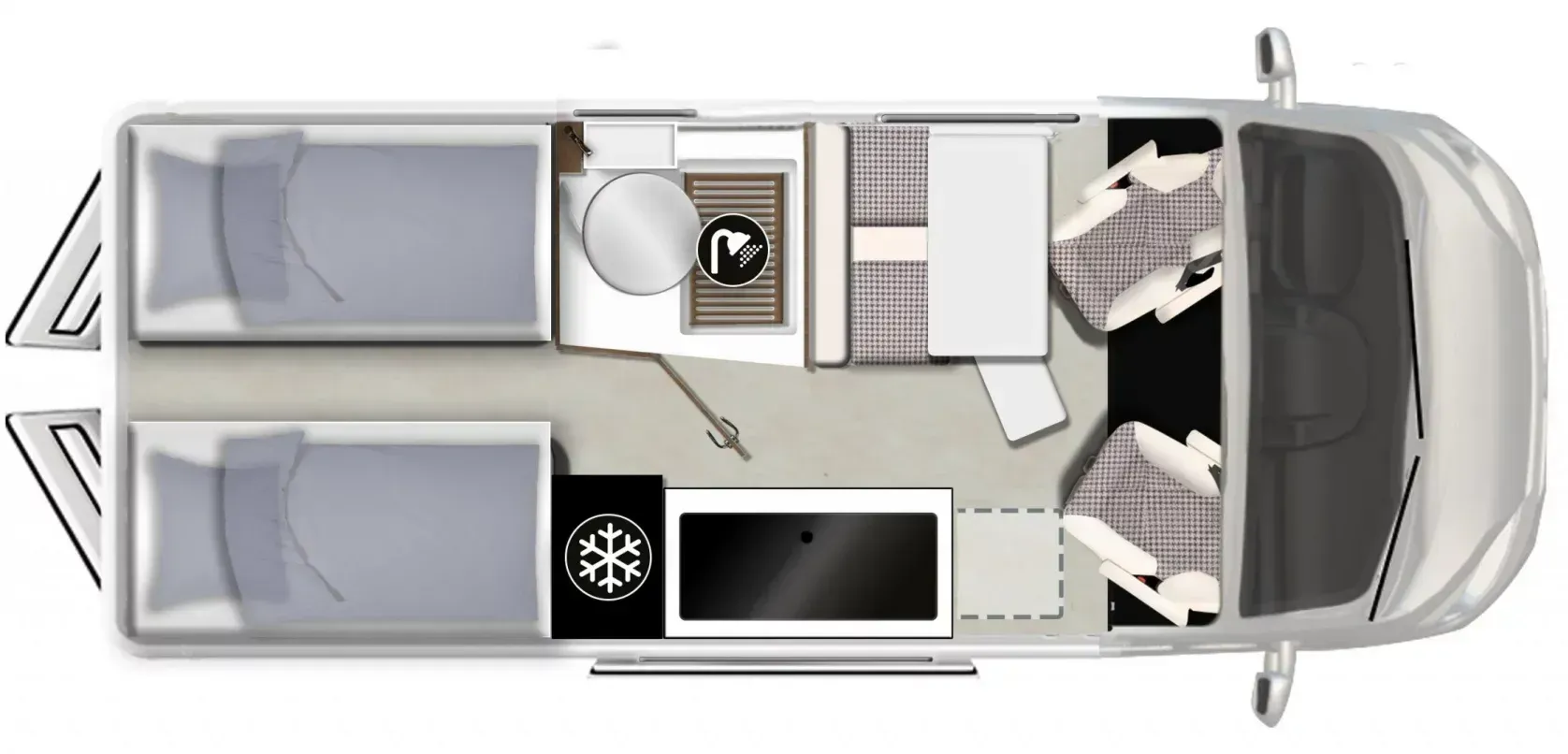 Eine Zeichnung eines Lieferwagens mit zwei Betten, einer Toilette und einer Küche.