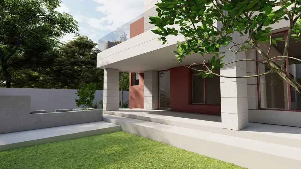 Casa moderna con columnas blancas, un patio sombreado, césped verde y árboles en primer plano.