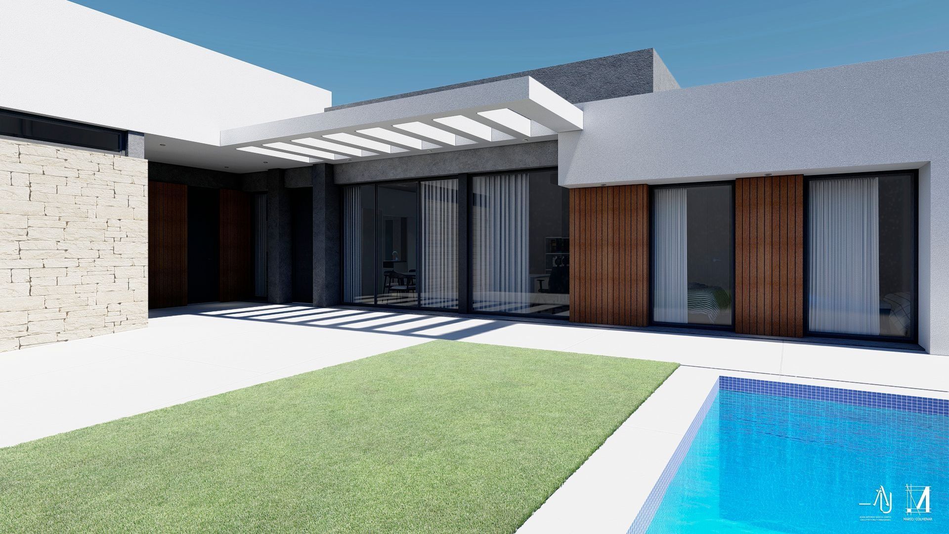 Patio de casa moderna con césped, piscina y grandes puertas corredizas de vidrio bajo una pérgola blanca.
