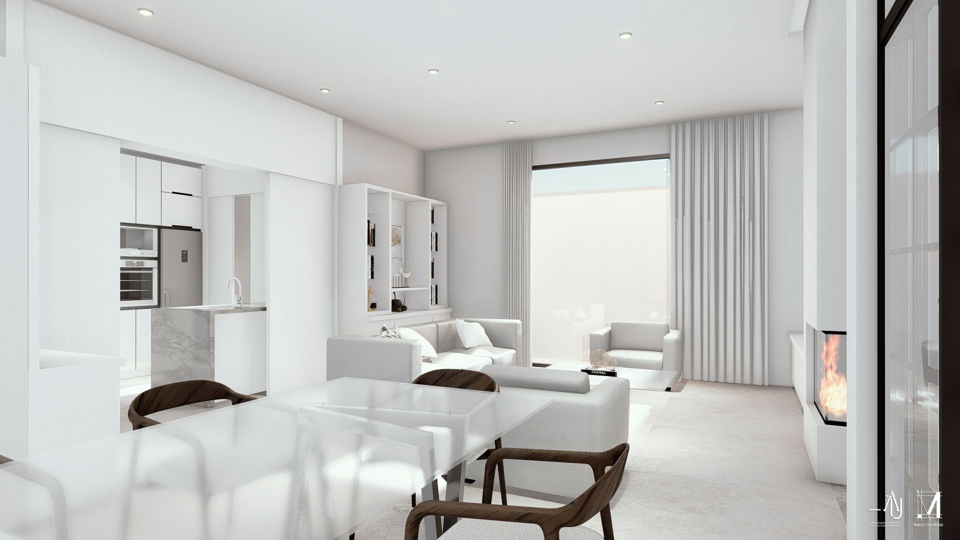 Sala de estar moderna y luminosa, de color blanco, con sofá, sillón, zona de cocina y una gran ventana con cortinas.