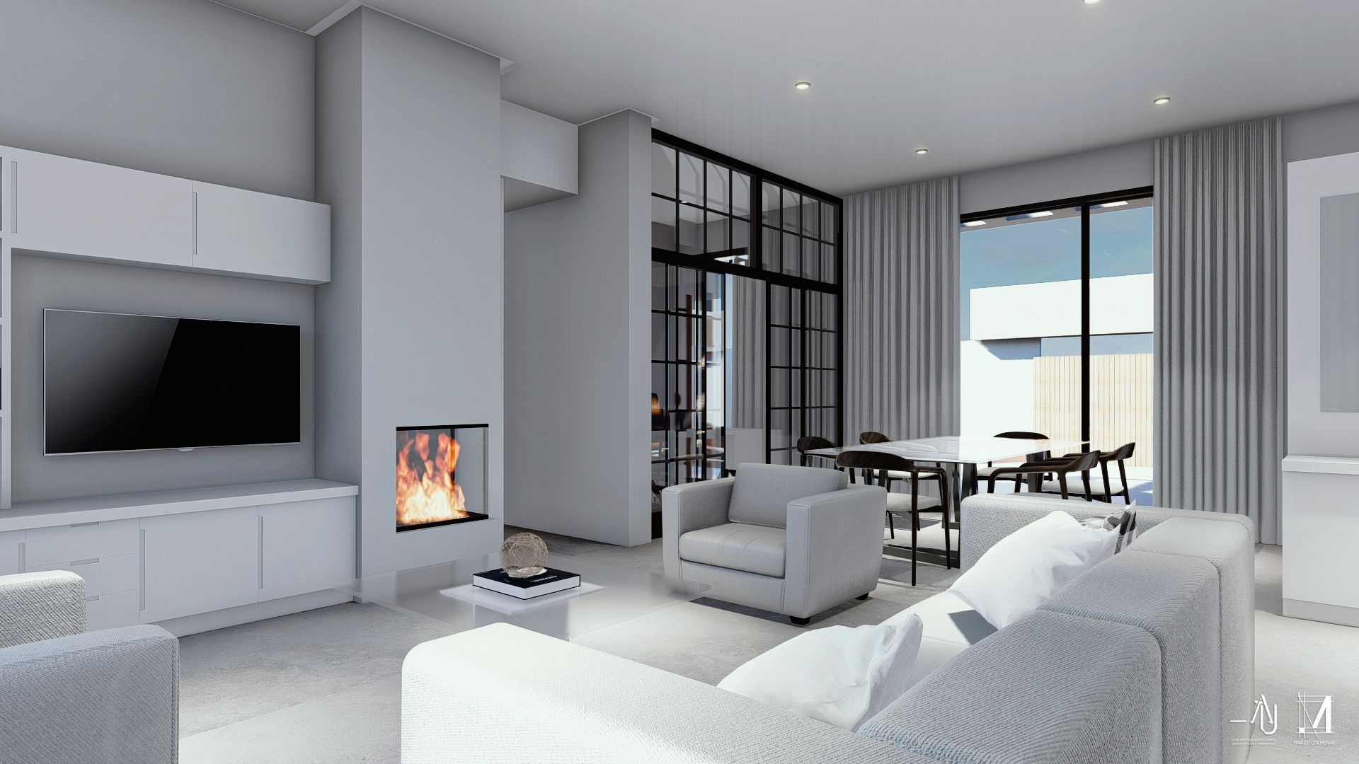 Salón moderno con sofás blancos, televisor montado en la pared, chimenea y grandes ventanales con vistas luminosas.