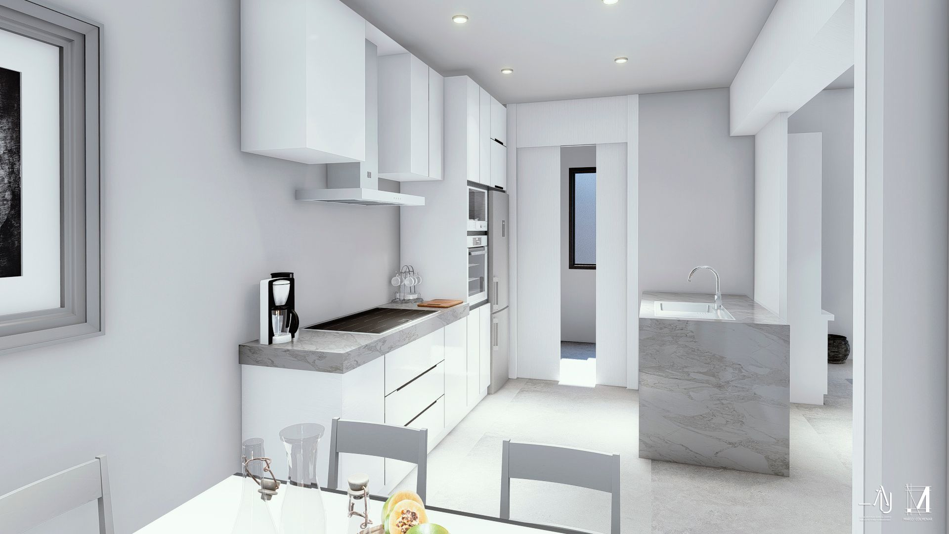 Cocina moderna y luminosa de color blanco con armarios, isla, fregadero y ventana.