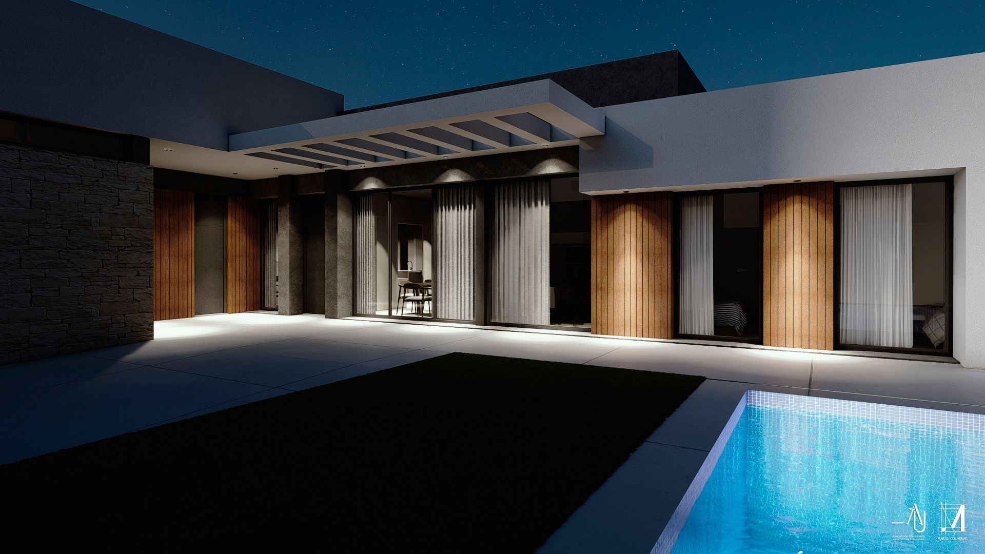 Casa moderna al anochecer con columnas iluminadas, puertas corredizas y una piscina resplandeciente en primer plano.