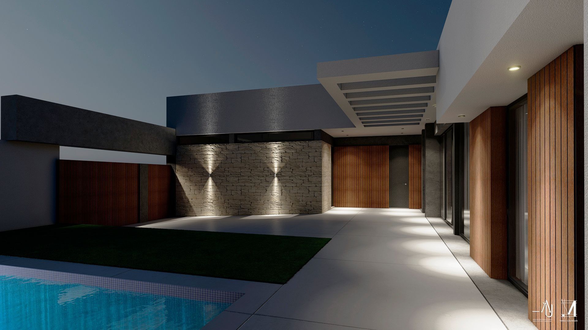 Patio de una casa moderna al atardecer con piscina, patio blanco, puertas de madera e iluminación de pared de piedra.