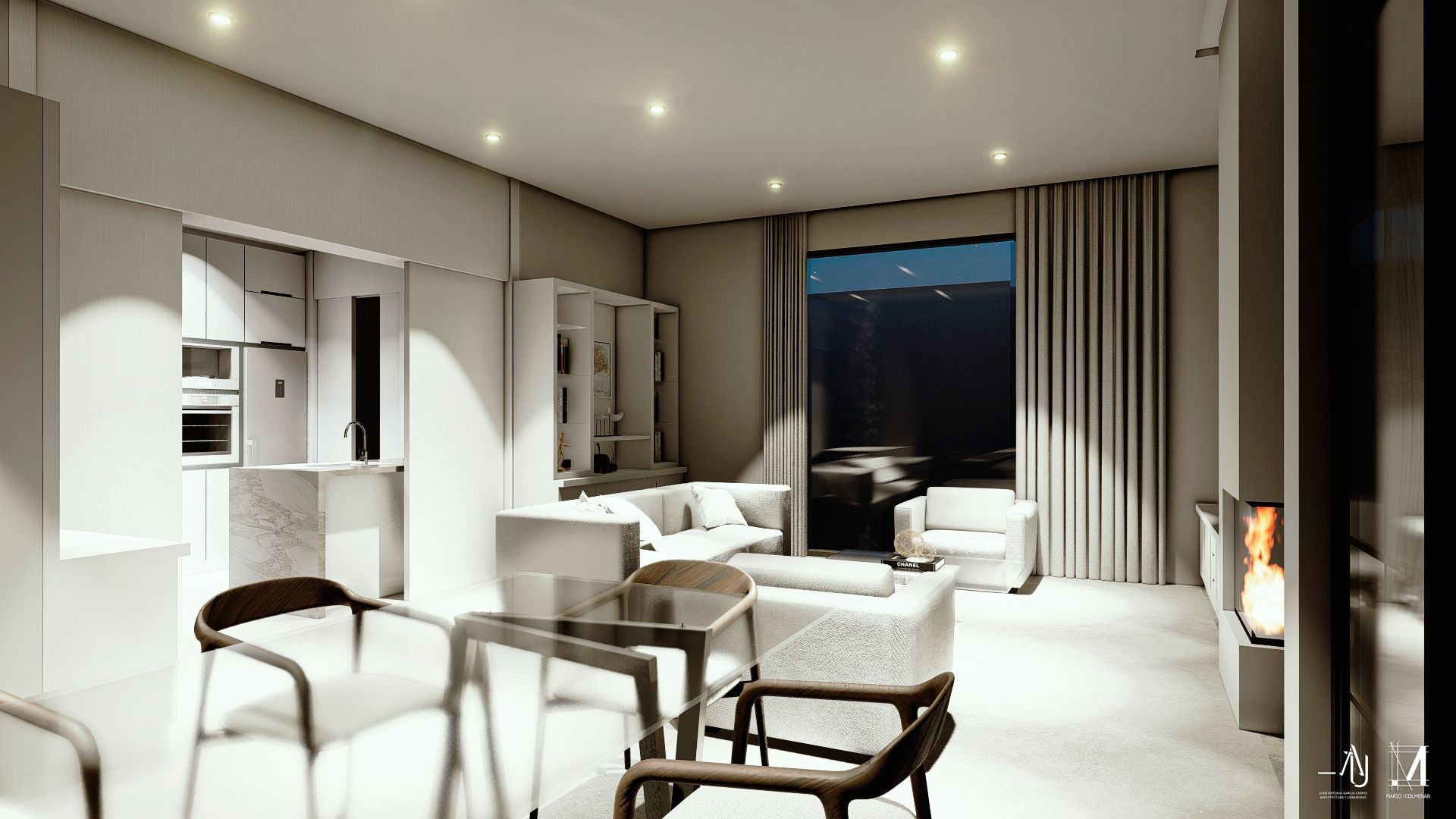 Salón moderno y minimalista con muebles blancos, detalles en madera y un gran ventanal con vistas a la ciudad nocturna.