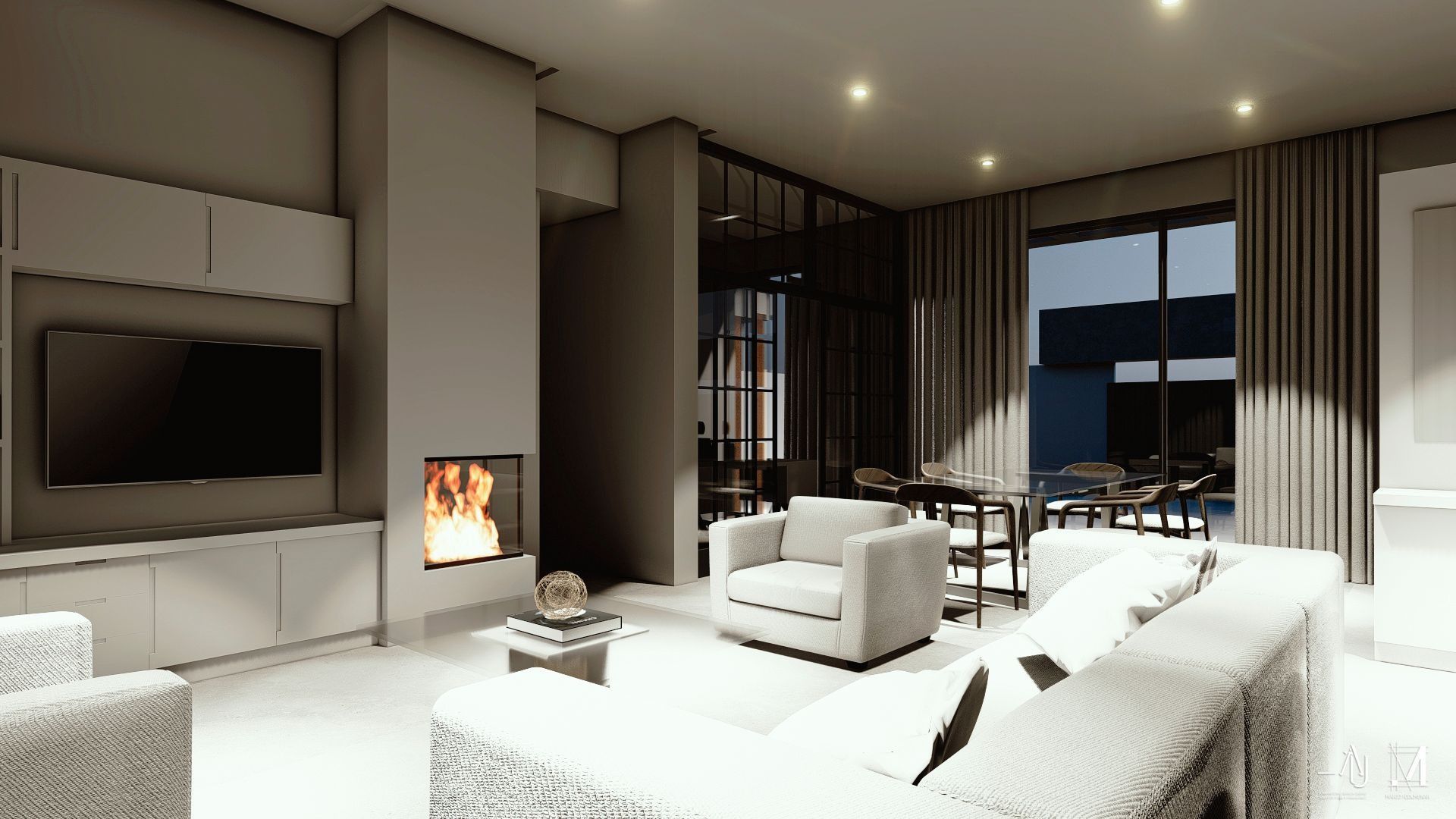 Sala de estar moderna de color blanco con chimenea, televisor montado en la pared y ventanas del suelo al techo por la noche.