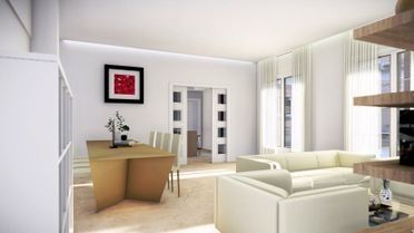 Sala de estar moderna y luminosa con sofás beige, un escritorio de madera y cuadros enmarcados en la pared.