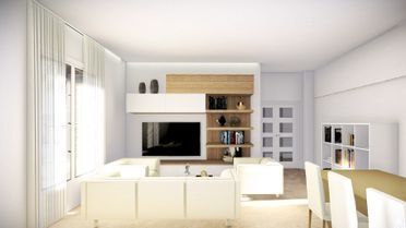 Sala de estar moderna y luminosa con muebles blancos, mueble para TV, ventanas y zona de comedor.