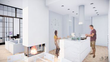 Cocina moderna de color blanco brillante con dos personas preparando bebidas en una gran isla, chimenea y pared de cristal cerca.